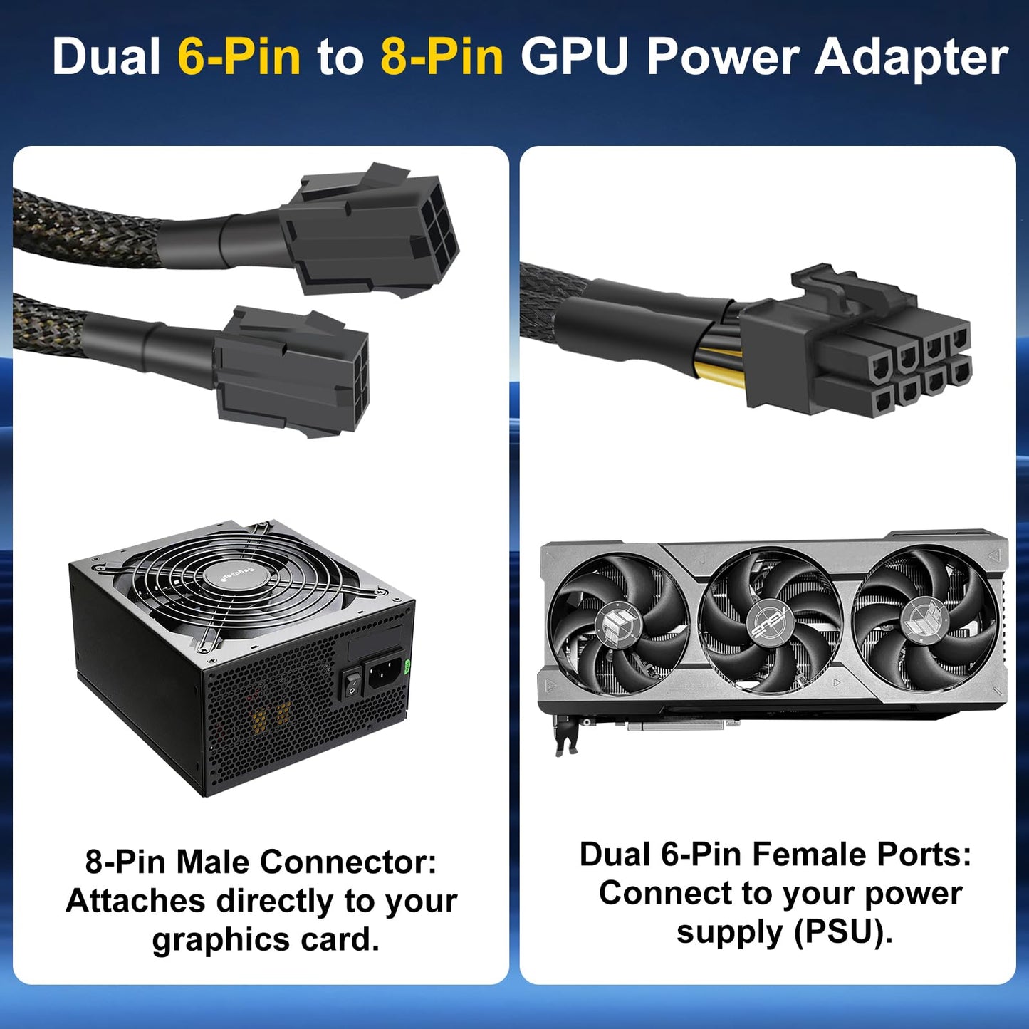 YSIUENG 2-Pack 6 Pin to 8 Pin GPU Adapter, Dual 6 Pin Female to 8 Pin Male GPU Power Sleeved Cable for GPUs - 9.5Inches(24cm)