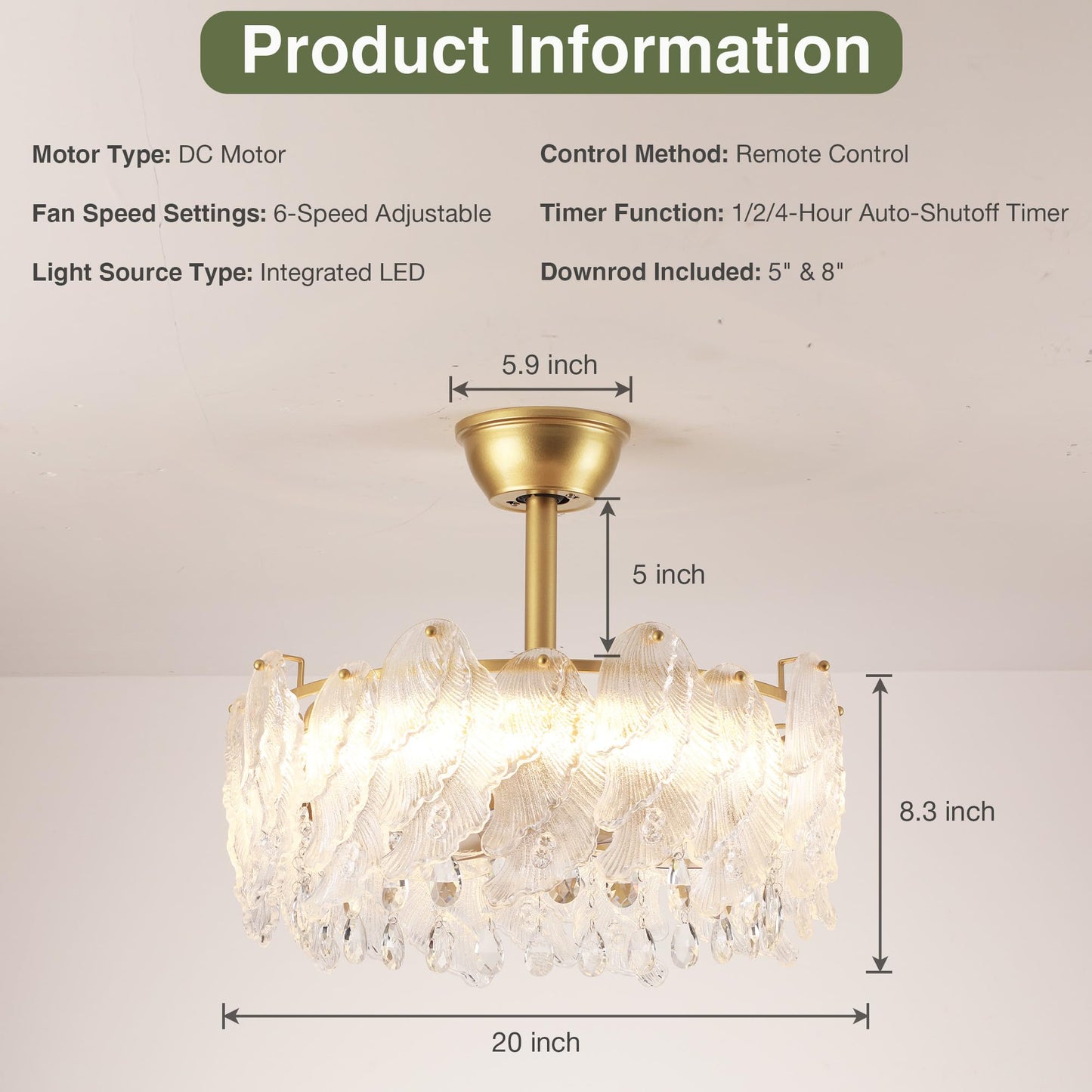 20" Fandelier Ceiling Fan with Light and Remote, Gold Chandelier Fan