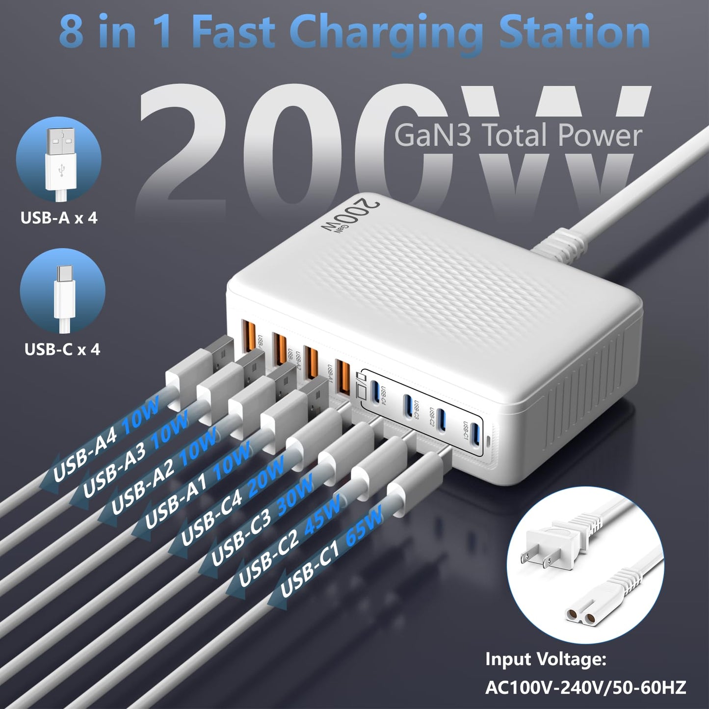 200W GaN 8-Port USB C Charging Station, PD 65W Multi-Device Charger
