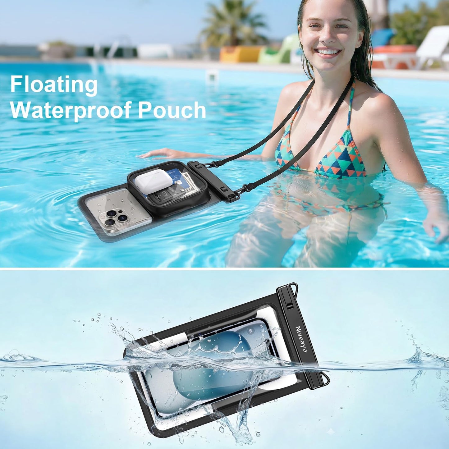 Niveaya [Floatable Floating Waterproof Phone Pouch 2 Pack-Up to 8.5", Large Space Adjustable Neck Lanyard Waterproof Phone Case, Phone Dry Bags