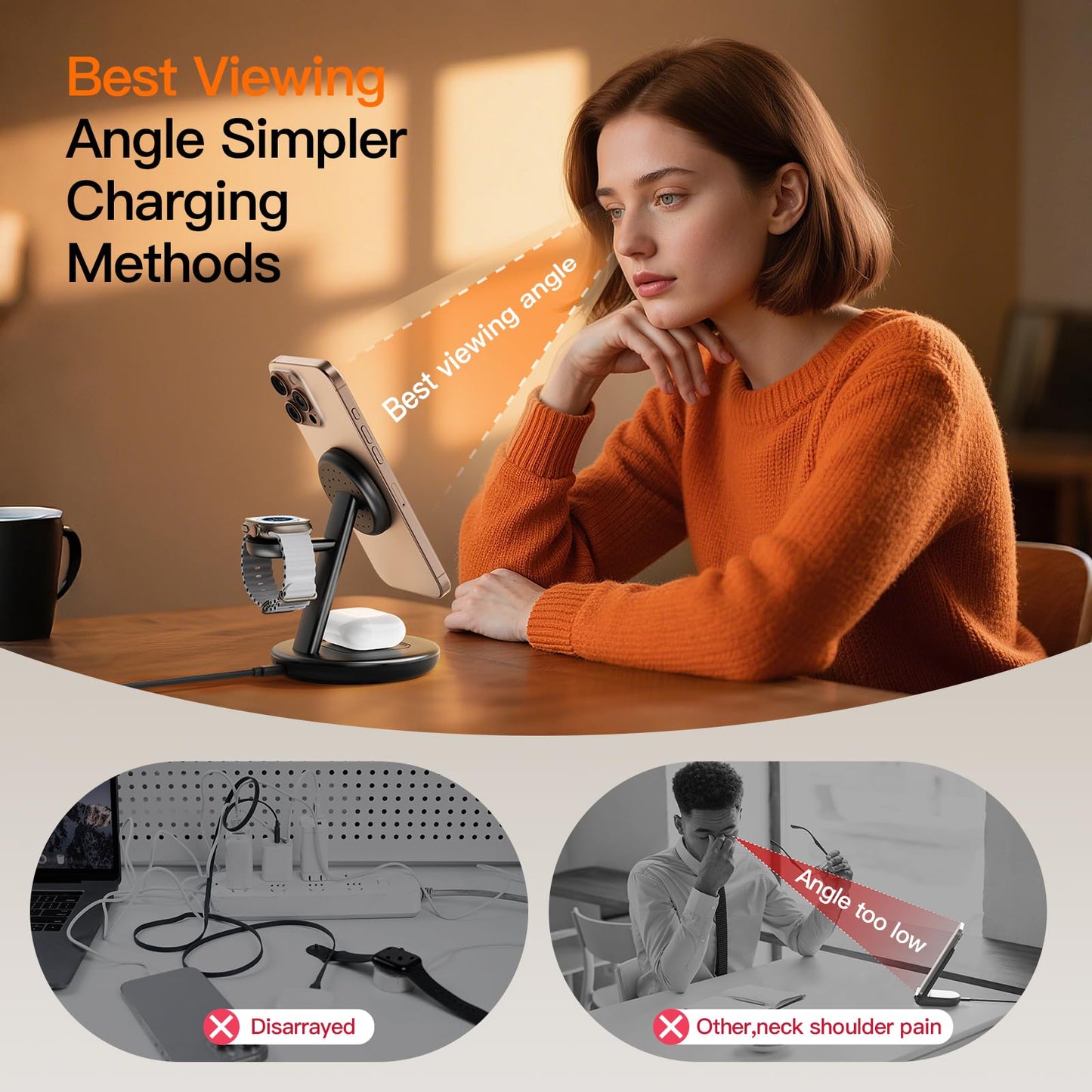 for Apple Watch 5W Fast Charger,15W • Silent •Not hot,3in1 Wireless Charging Station, Apple Mag-Safe Charger Stand,Fast Magnetic Wireless Charger