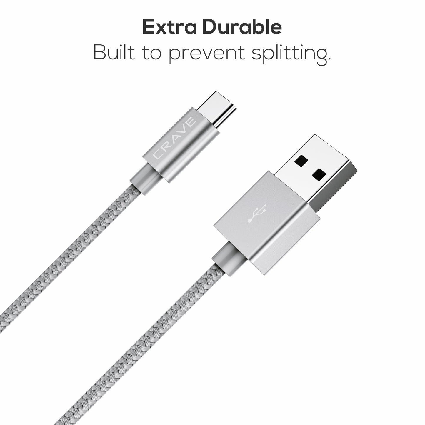 Crave Type C Cable, USB-A to USB-C Cable Premium Nylon Braided Cable, 3 Feet - Silver