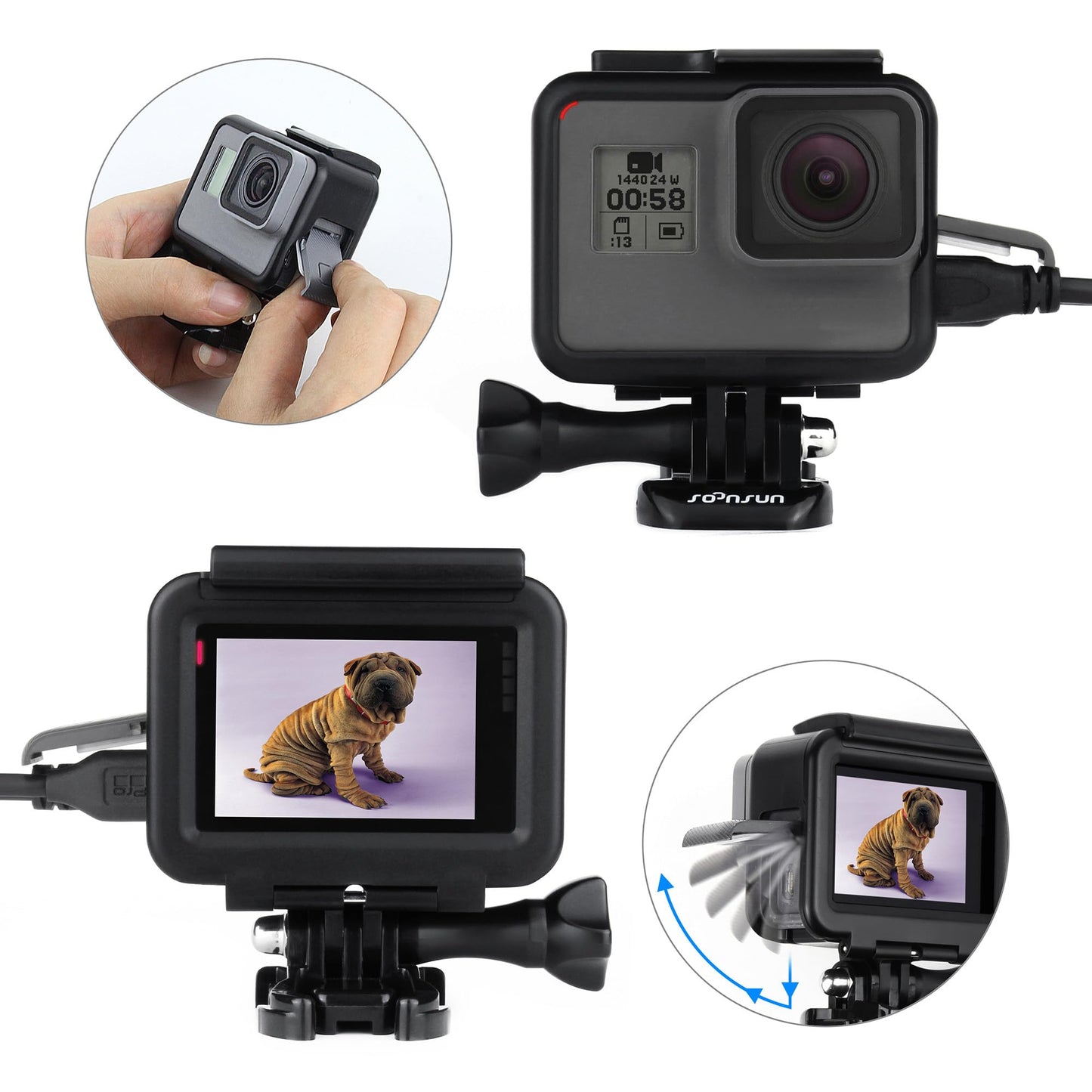 SOONSUN Frame Mount Housing Case for GoPro Hero 5/6/7 Black, Hero 7 Silver/White, Hero (2018) Camera - Protective Cage with Quick Release Buckle