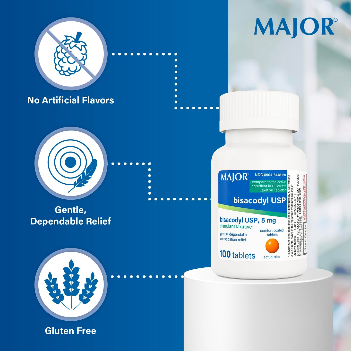 MAJOR Bisacodyl USP 5mg, Gentle Stimulant Laxative Tablets for Occasional Constipation Relief & Irregularity, 100 Count (1-Pack)