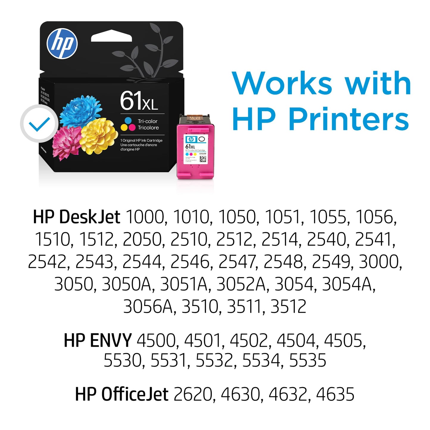 HP 61XL Tri-Color High-Yield Ink | Works with DeskJet 1000, 1510, 2050, 2510, 2540, 3000, 3050, 3510; Envy 4500, 5530; OfficeJet 2620, 4630 | Instant