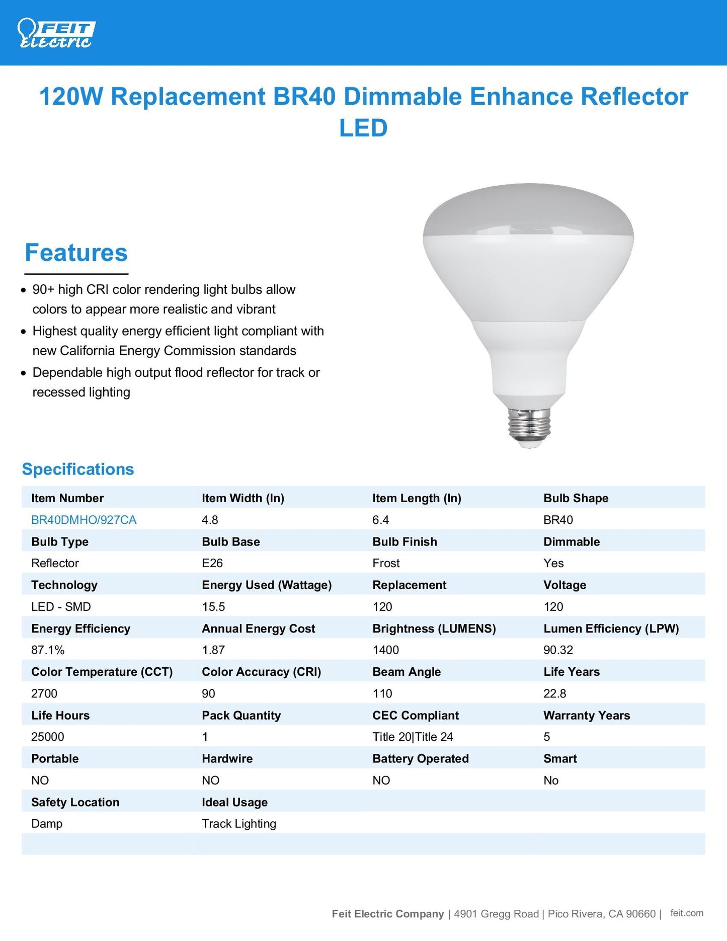 Feit Electric LED Enhance BR40 Bulb, 120W Eq, Soft White