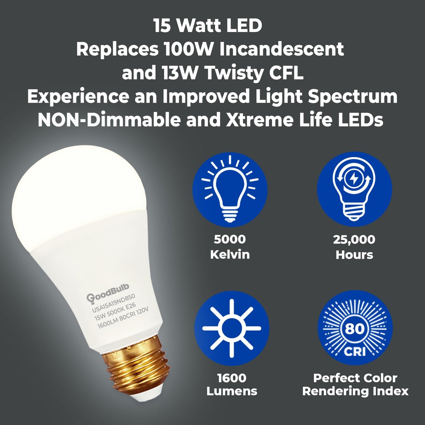 GoodBulb Made in USA A19 LED Light Bulbs, 100W Equivalent, 15W Non-dimmable, 5000K Daylight, 1600 Lumens, E26 Base, 25,000 Hour Long Lasting, 10 Pack
