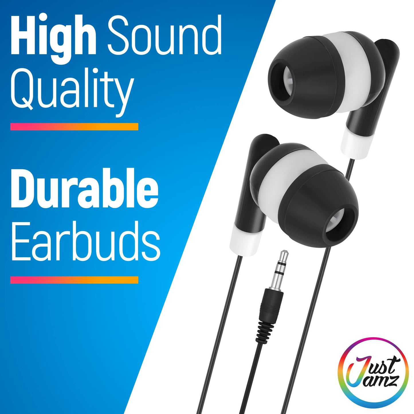 JustJamz Bulk Earbuds 100 Pack | Basic Ear Bud, Black Dot in-Ear Earphones, Disposable Headphones, Class Headphones Set for Students, Earphones…