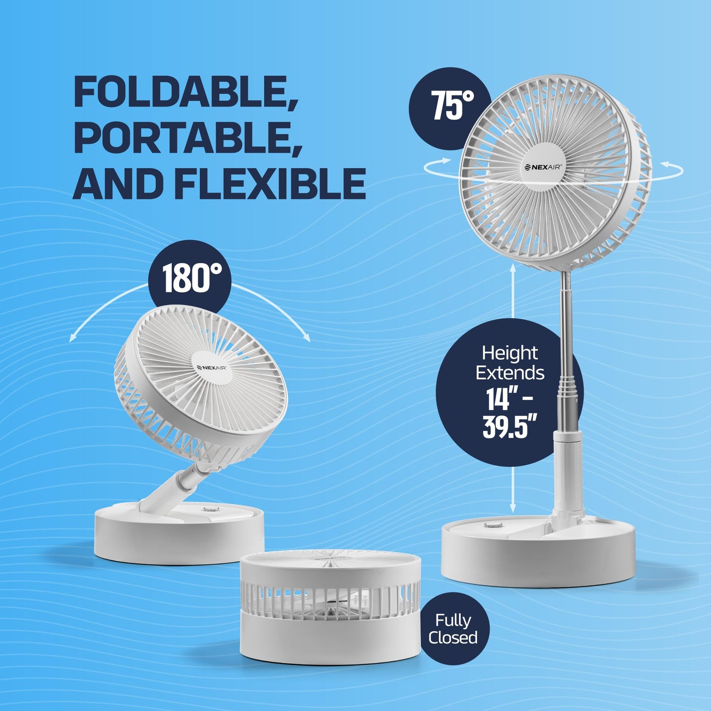 NEXAIR 8" Foldable Fan, Oscillating 4 Speed Portable Fan Adjustable Height 14”-40", Remote Controlled folding Fan with 10,000mAh Rechargeable Battery