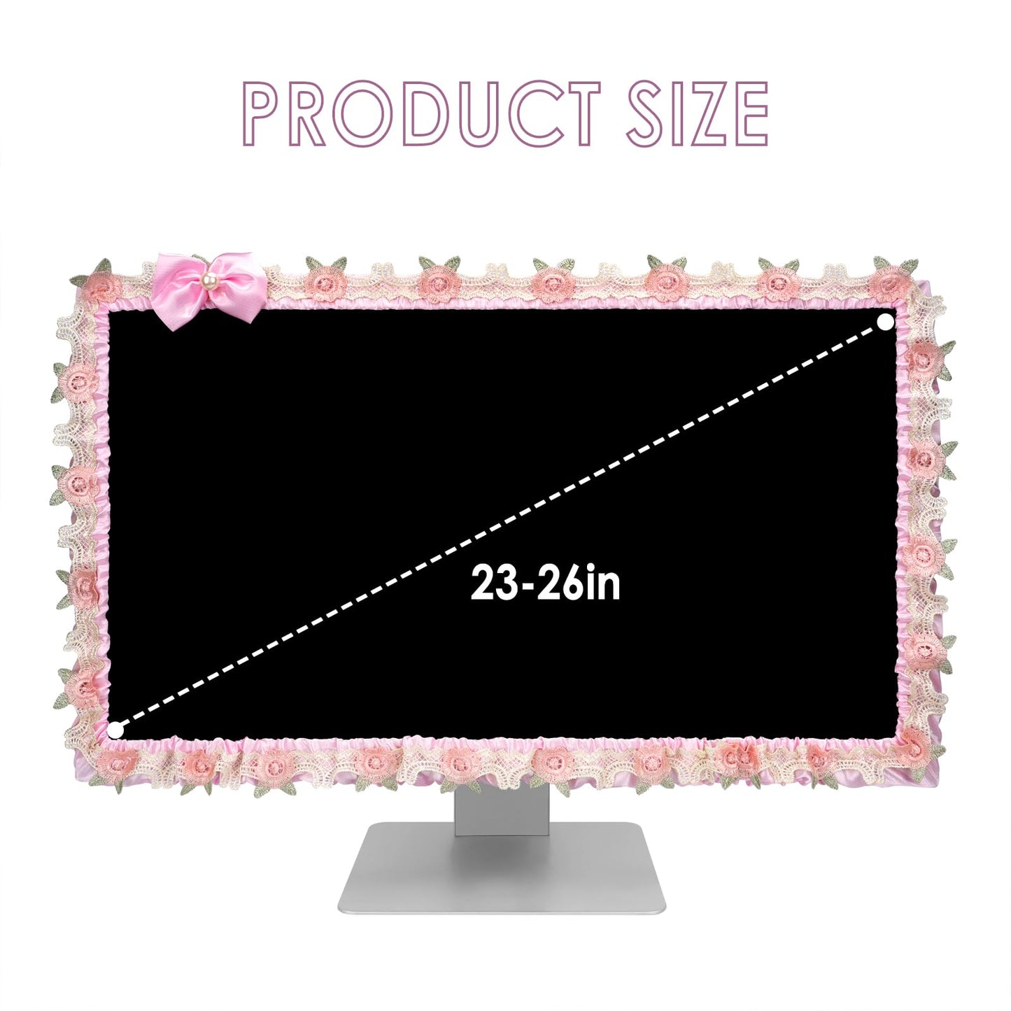 ReignSword 2 Pcs 23''-26'' Cute Computer Monitor Cover with Bow Tie, Lovely Computer Accessories with Lace Design, Monitor Dust Cover Protector (Pink)