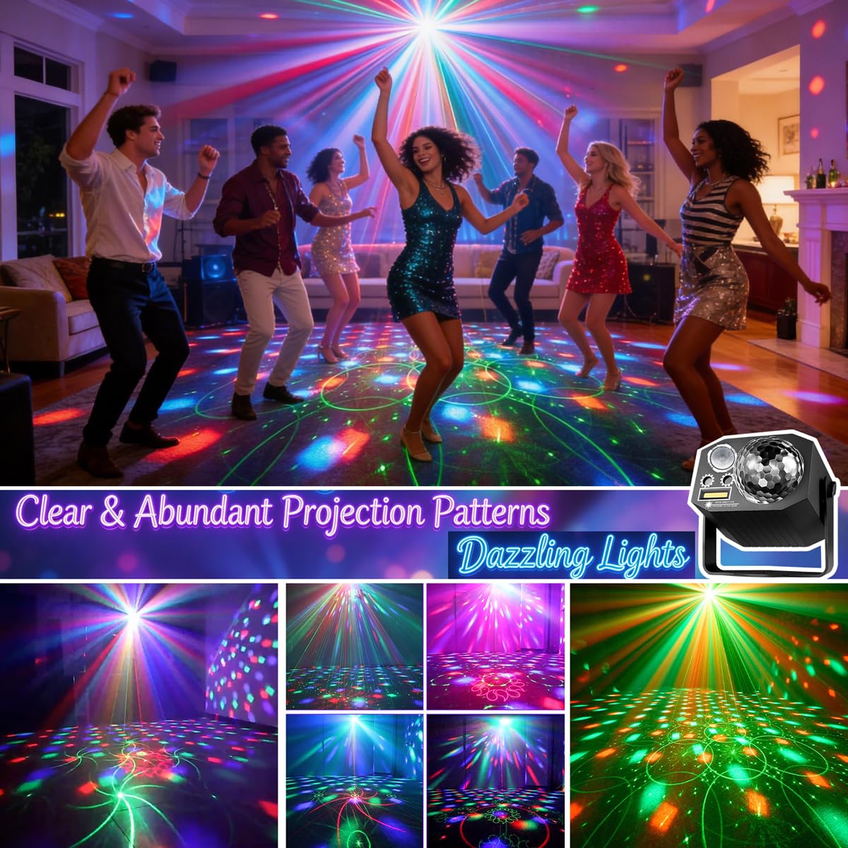 Dj Party Disco Ball Lights with Pattern and Sound Activated,10 ft USB Cable, Laucnpty LED Stage Strobe Light that Sync with Music, Christmas Rave/Home