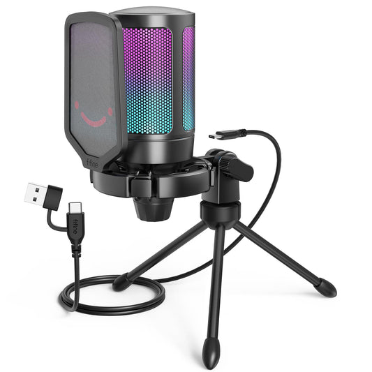 FIFINE Gaming USB Microphone for PC PS5, Condenser Mic with Quick Mute, RGB Indicator, Tripod Stand, Pop Filter, Shock Mount, Gain Control for