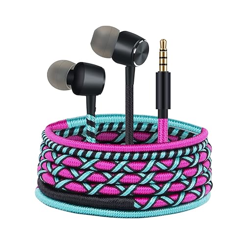 URIZONS Colorful Fun in-Ear Wired Earbuds Headphones - Braided Earphones with Microphone for Cell Phones MP3 Laptop Tablets Fabric Braided Headset…