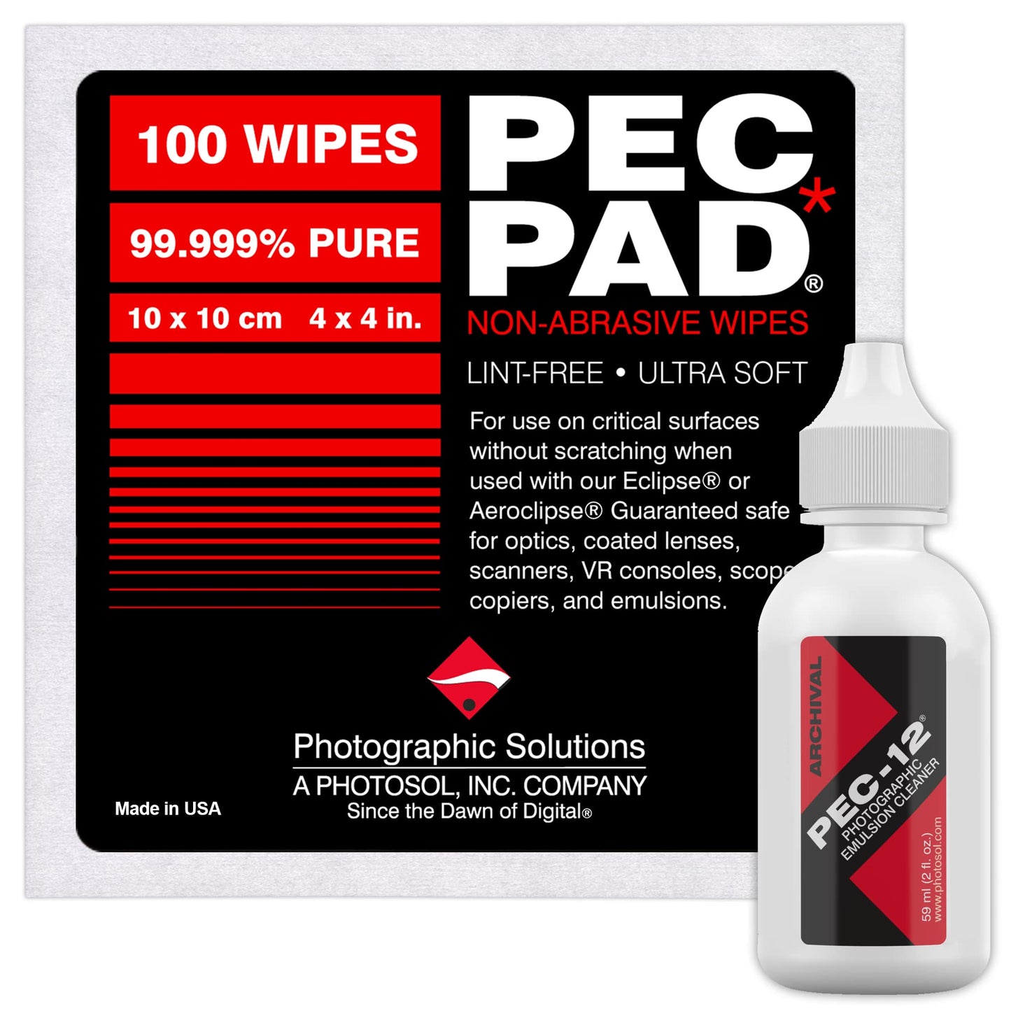 PEC-12 Photographic Emulsion Cleaner Kit and PEC-PAD Lint Free Non-Abrasive Wipes 4"x4" 100 Sheets per/Pkg - for Cleaning Film, Photo Negative, B&W
