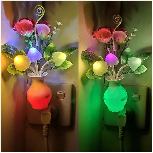 2Pack Plug in LED Night Light w/Auto Dusk to Dawn Sensor,AUSAYE 0.5W Energy Saving Lamp Dream Nightlight Rose Flower Mushroom Lights for Kids Adults