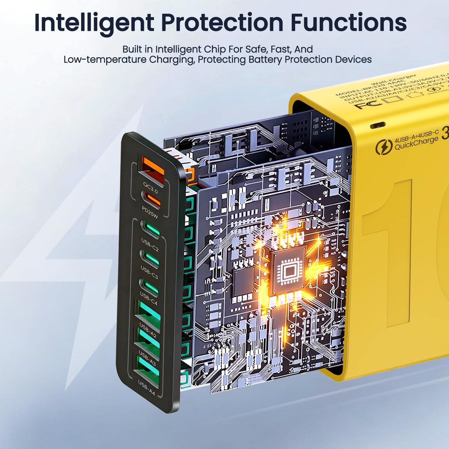 8-Port USB Type-C Fast Charger Block for iPhone & Samsung - Yellow (1 Piece)