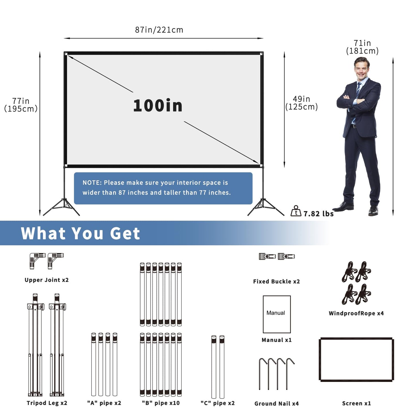 VISULAPEX Projector Screen with Stand 100 Inch, 16:9 4K HD Portable Projector Screen Indoor Outdoor, Foldable Wrinkle-Free Movie Screen 160° Front