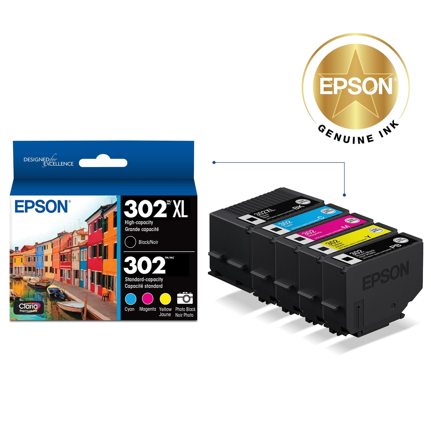 Epson T302XL-BCS Claria Premium Ink Cartridge Multi-pack - High-capacity Black and Standard-capacity Photo Black and Color (CMYPB)