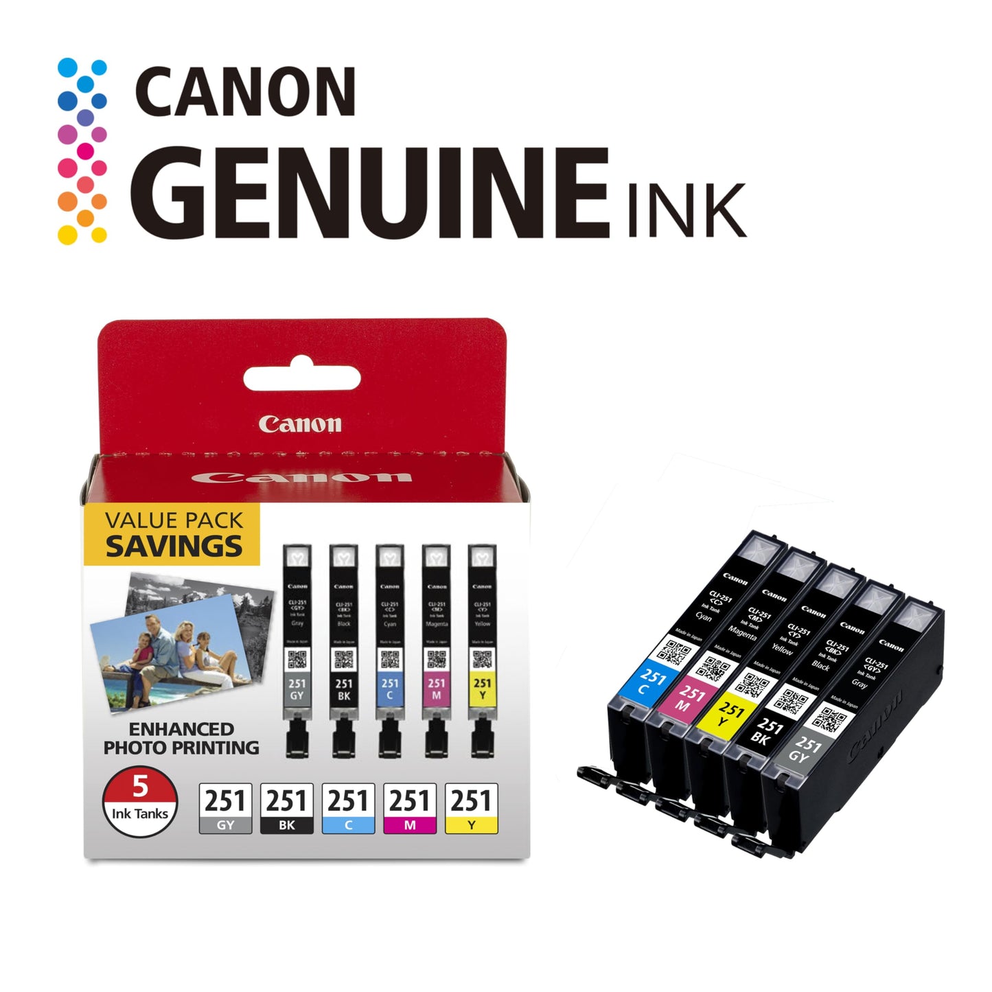 Canon CLI-251 Genuine 5 Color Value Pack, Compatible with MG7520, MG5620, and MG6620 Printers