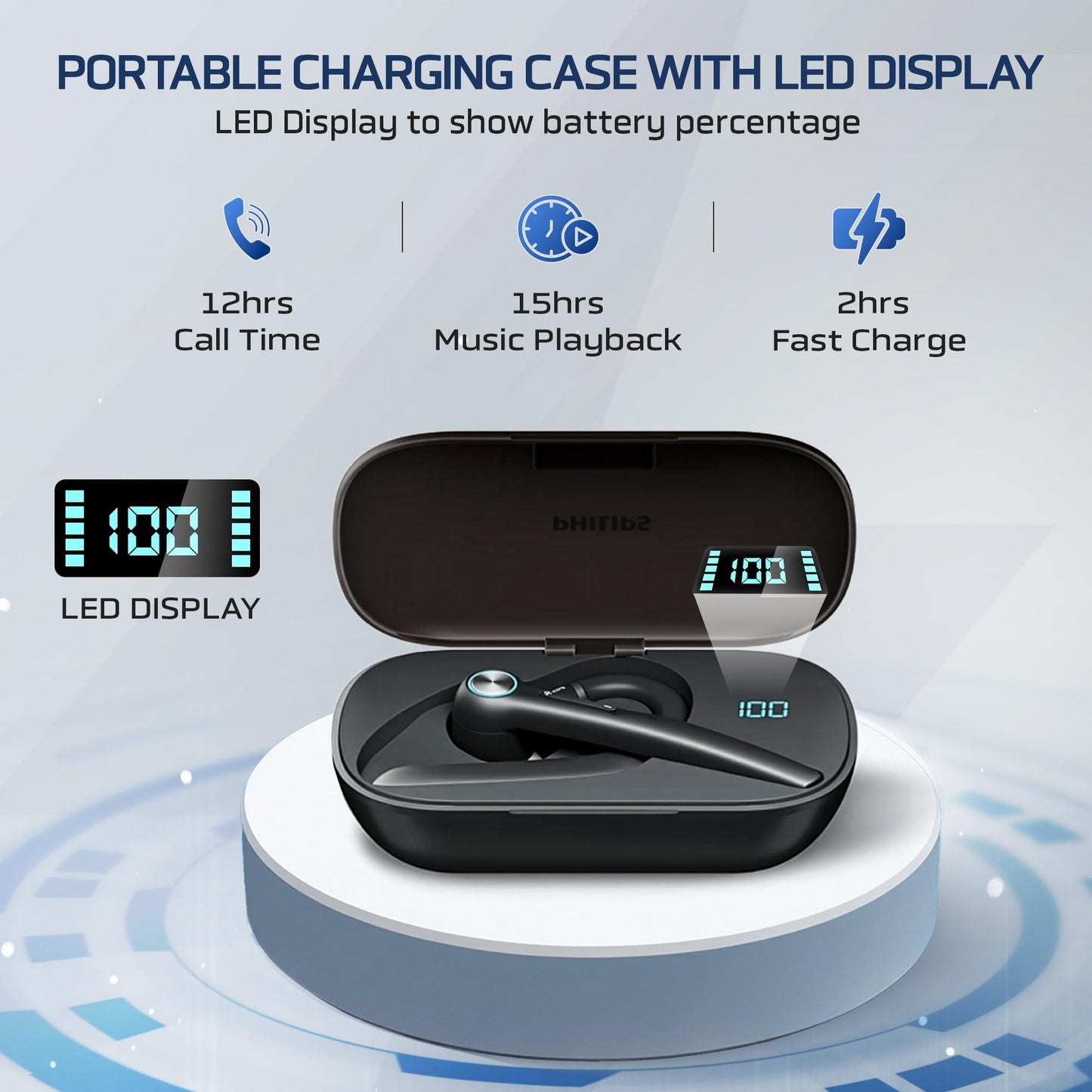 Philips Trucker Bluetooth Earpiece, Wireless Bluetooth Headset with Mic, 400mAh Charging Case with LED Display, All-Day Extended Talktime, Built-in