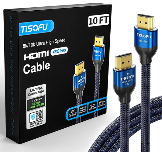 TISOFU【Ultra Certified 10K 8K HDMI Cable 10FT: HDMI 2.1 Cables 48Gbps High Speed Premium Braided Cord 8K@60Hz 4K@120Hz 4K@144Hz HDCP 2.2&2.3 CL3 ARC