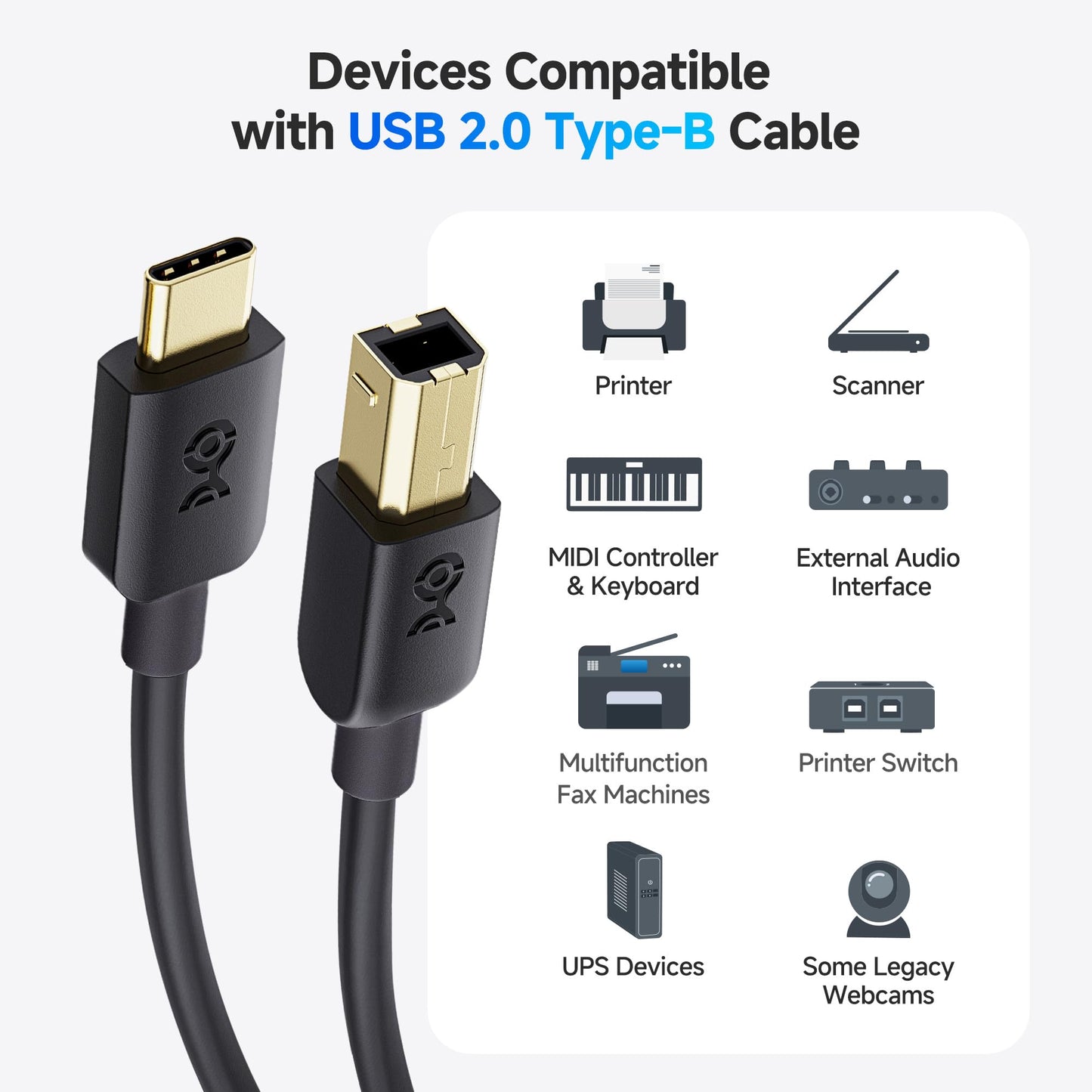 Cable Matters USB B to USB C Cable - 3.3ft, USBC to USBB Cable, MIDI to USBC Cord, Compatible with Printer, Scanner, MIDI