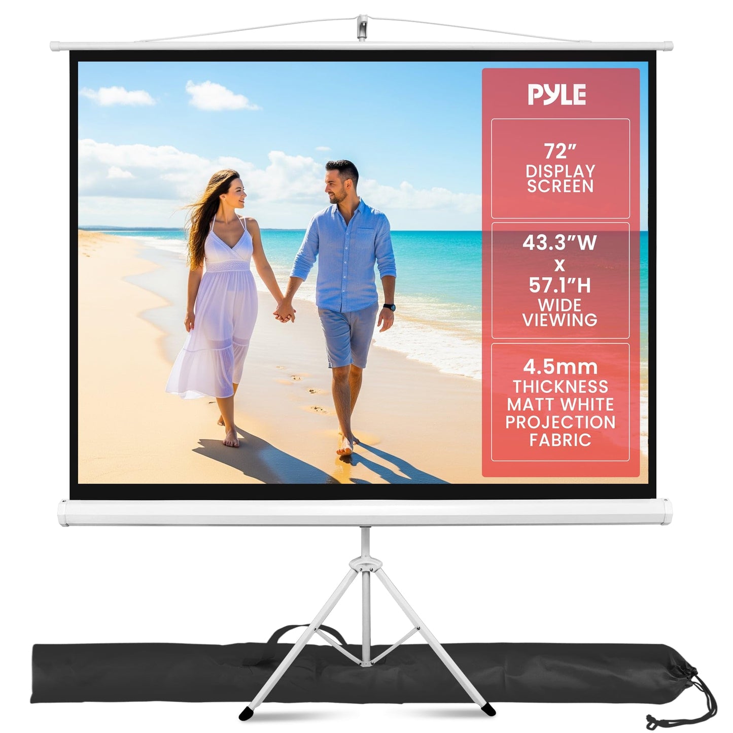 Pyle 72 Inch Outdoor Projector Screen with Stand-Portable Fold Out Roll Up Screen with Tripod Stand,White Matte Fabric 4:3 Aspect Ratio 4K HD Quality