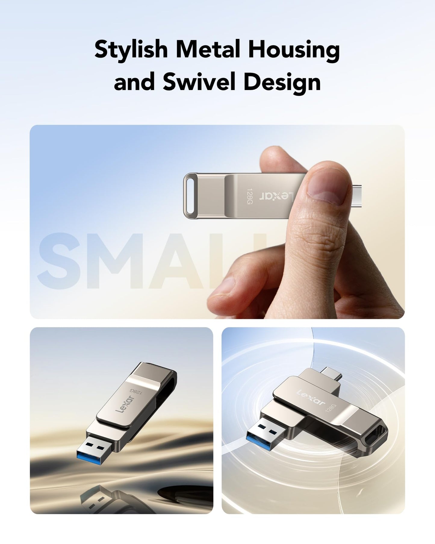 Lexar D40E 128GB Dual USB 3.2 Gen 1 Type-C Jump Drive, USB-C Flash Metal Housing Swivel Design Thumb Drive (Champagne Silver)