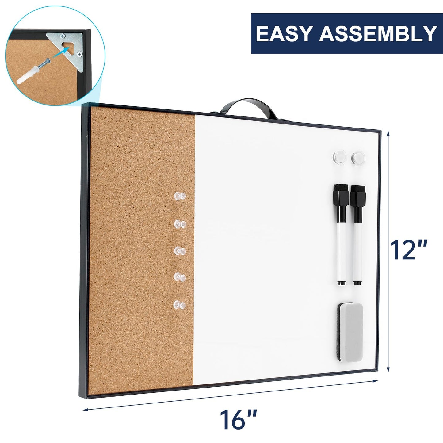 Small Cork Board Whiteboard Combo - 12" X 16" Portable Aluminum Black Framed Magnetic Dry Erase Board for Wall, Mini Bulletin CorkBoard with a Handle