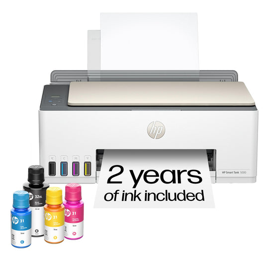 HP Smart Tank 5000 Wireless All-in-One Ink Tank Printer, Scanner, Copier with 2 Years of Ink Included, Best-for-Home, Cartridge-Free, Refillable