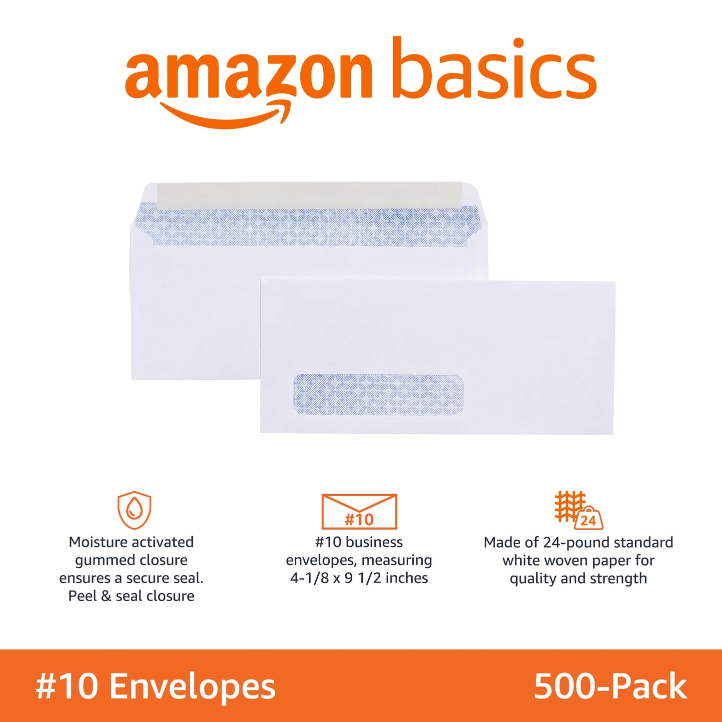 Amazon Basics #10 Security-Tinted Self-Seal Business Envelopes with Left Window for Invoices and Documents, White, 500-Pack