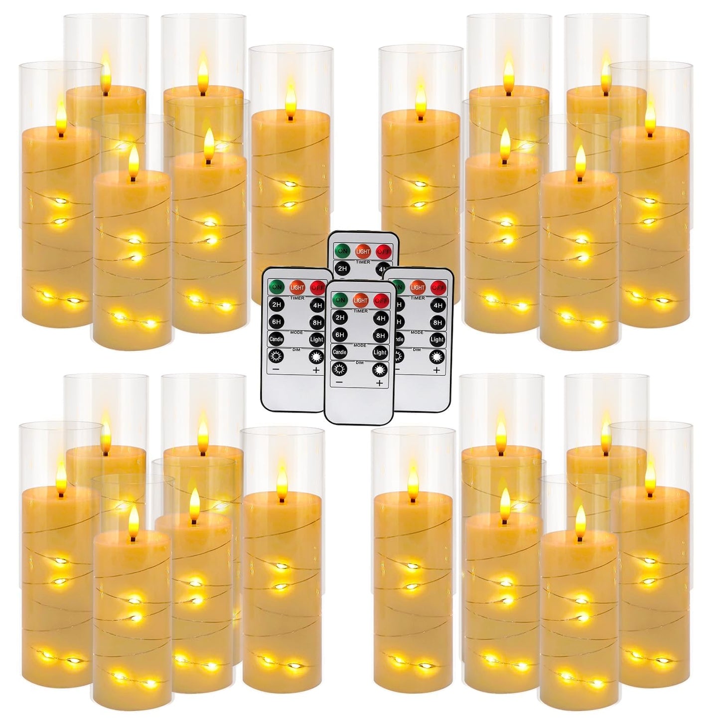 CAKETYCG 24 Pcs LED Flameless Candles with Remote, 3D Flickering Flame & LED String Lights, Acrylic Clear Cylinder, Timer Function, Romantic Ambience