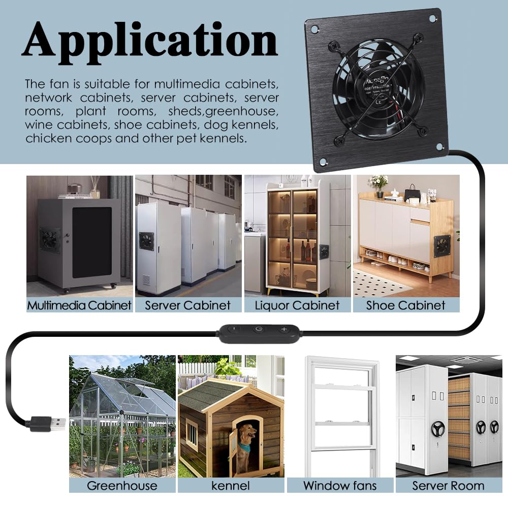 xiaoqijia USB 80MM Cabinet Fan 5V Quiet Cooling Fan DC 12V IPX5 Waterproof Fan System 4" with 10 Speed Control, for Home Theater AV Cabinets