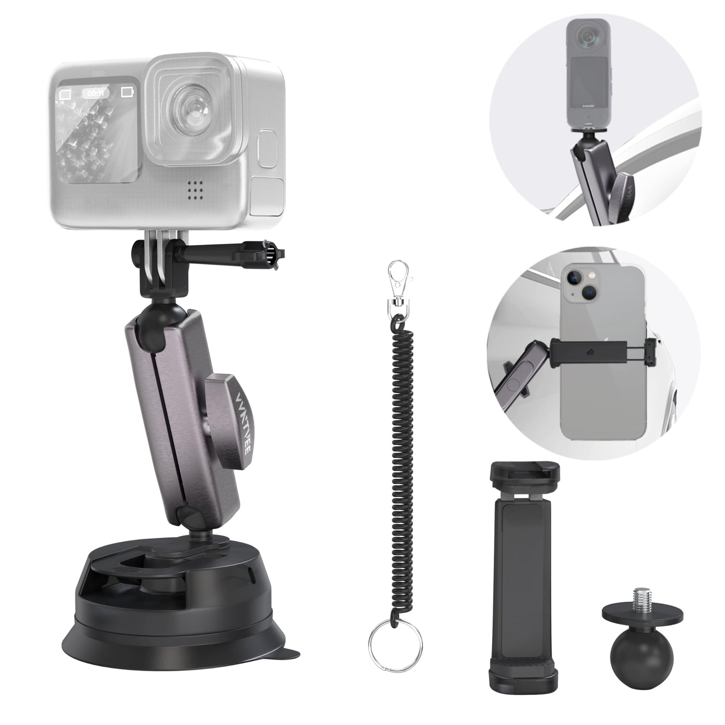 VVNTVEE Car Camera Mount for Go pro,Metal Suction Cup Mount for Phone/Action Camera Hero 13 12 Pocket 3 Action 5 Pro Action 4 3 X4 X3 with 360°