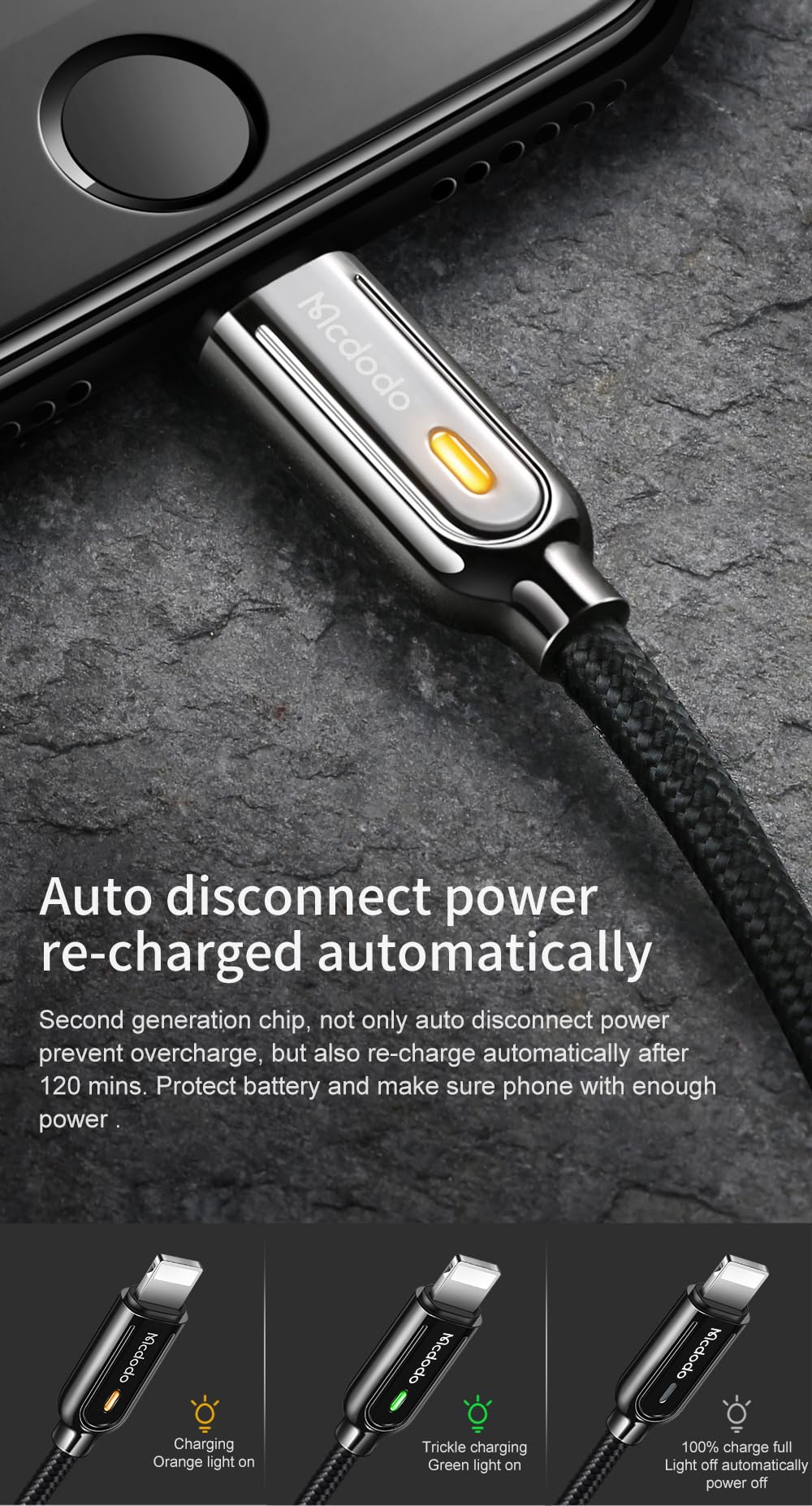 mcdodo Upgraded Power Off/On Smart LED Auto Disconnect Nylon Braided Sync Charge USB Data 4FT/1.2M Cable Compatible iPhone 14/13/12/11 Pro Max (2…