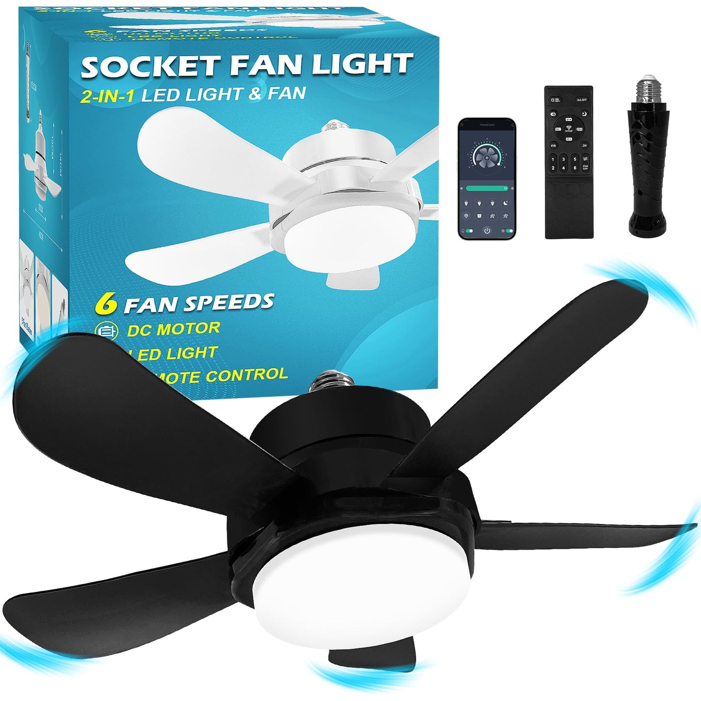 Socket Fan Light With Remote, Screw Ceiling Fans with Lights, 5 Reversible Blades, Quiet 6-Speed DC Motor, Dimmable Socket Fan for Garage Bathroom