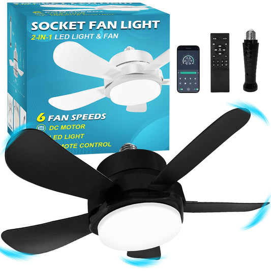 Socket Fan Light With Remote, Screw Ceiling Fans with Lights, 5 Reversible Blades, Quiet 6-Speed DC Motor, Dimmable Socket Fan for Garage Bathroom
