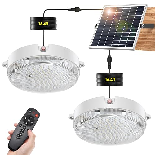 Malitupy Solar Shed Lights Indoor Outdoor 2 Pack, Brighter & Tricolor & Daytime Ceiling Light with ON/Off Switch & Remote, Dimmable Waterproof Solar