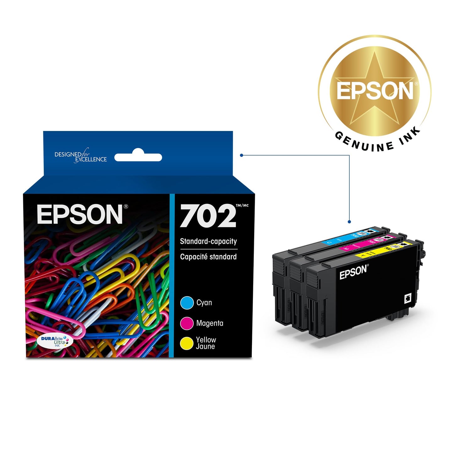EPSON 702 DURABrite Ultra Ink Standard Capacity Color Combo Pack (T702520-S) Works with WorkForce Pro WF-3720, 3730, 3733