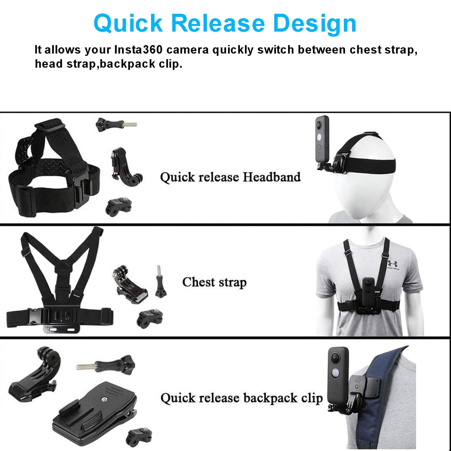 PellKing Accessories Kit for Insta360 One X5/X4/X3/X2/X,Third Version Video Vlog Necklace Neck Holder,New Quick Release Head Strap Mount + Chest Mount