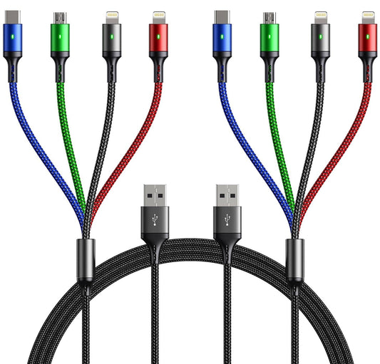 Multi Charging Cable(2Pack 6FT), 4 in 1 Charger Cable Braided Multiple USB Cable Universal USB C Charging Cord with Type-C, Micro USB, IP Port