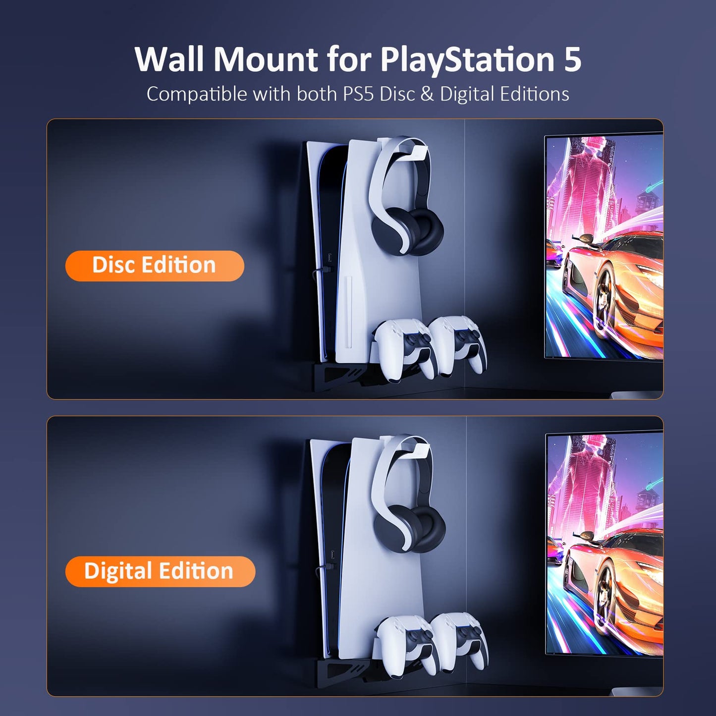 NexiGo Wall Mount Kit with Charging Station for PS5 and PS5 Slim/Pro Versions, Dual Controller Chargers, Steel Wall Stand, and Headphone Hanger