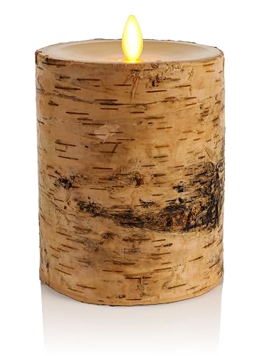 Luminara Real Birch Bark Wrapped Flameless LED Candle, 4" x 5.3", Battery Operated Moving Flame Pillar Light with Timer - Natural Decor Unscented