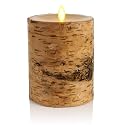 Luminara Real Birch Bark Wrapped Flameless LED Candle, 4" x 5.3", Battery Operated Moving Flame Pillar Light with Timer - Natural Decor Unscented