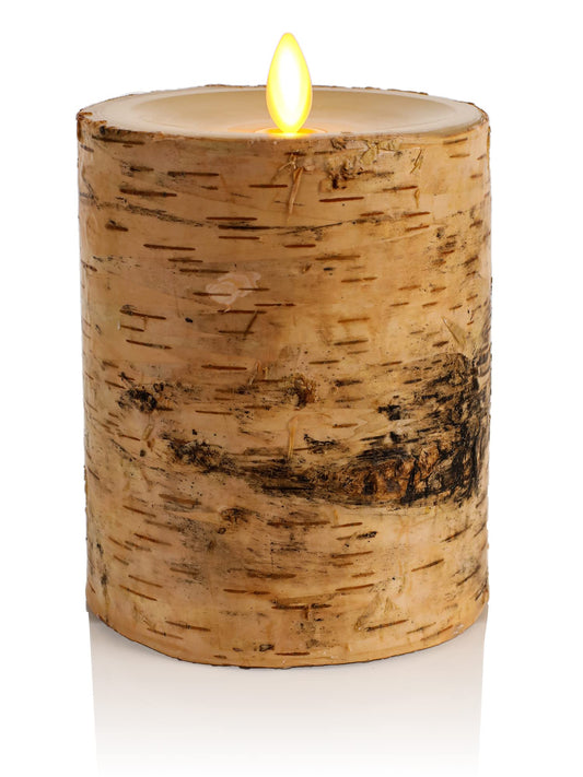 Luminara Real Birch Bark Wrapped Flameless LED Candle, 4" x 5.3", Battery Operated Moving Flame Pillar Light with Timer - Natural Decor Unscented