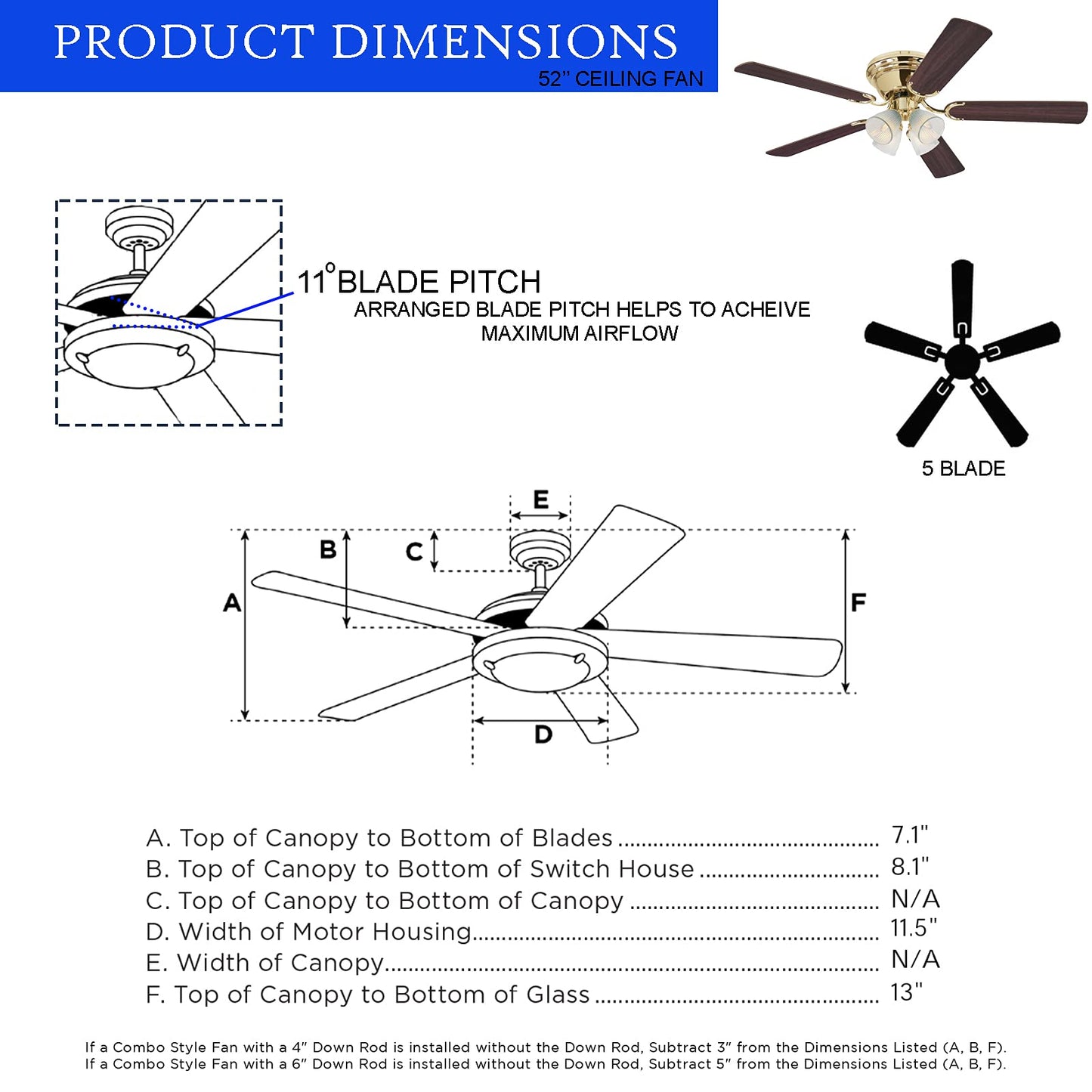 Ciata Lighting 52 Inch Contempora IV Polished Brass Finish Indoor Ceiling Fan with Dimmable LED Light Fixture in Clear Ribbed Glass with Reversible