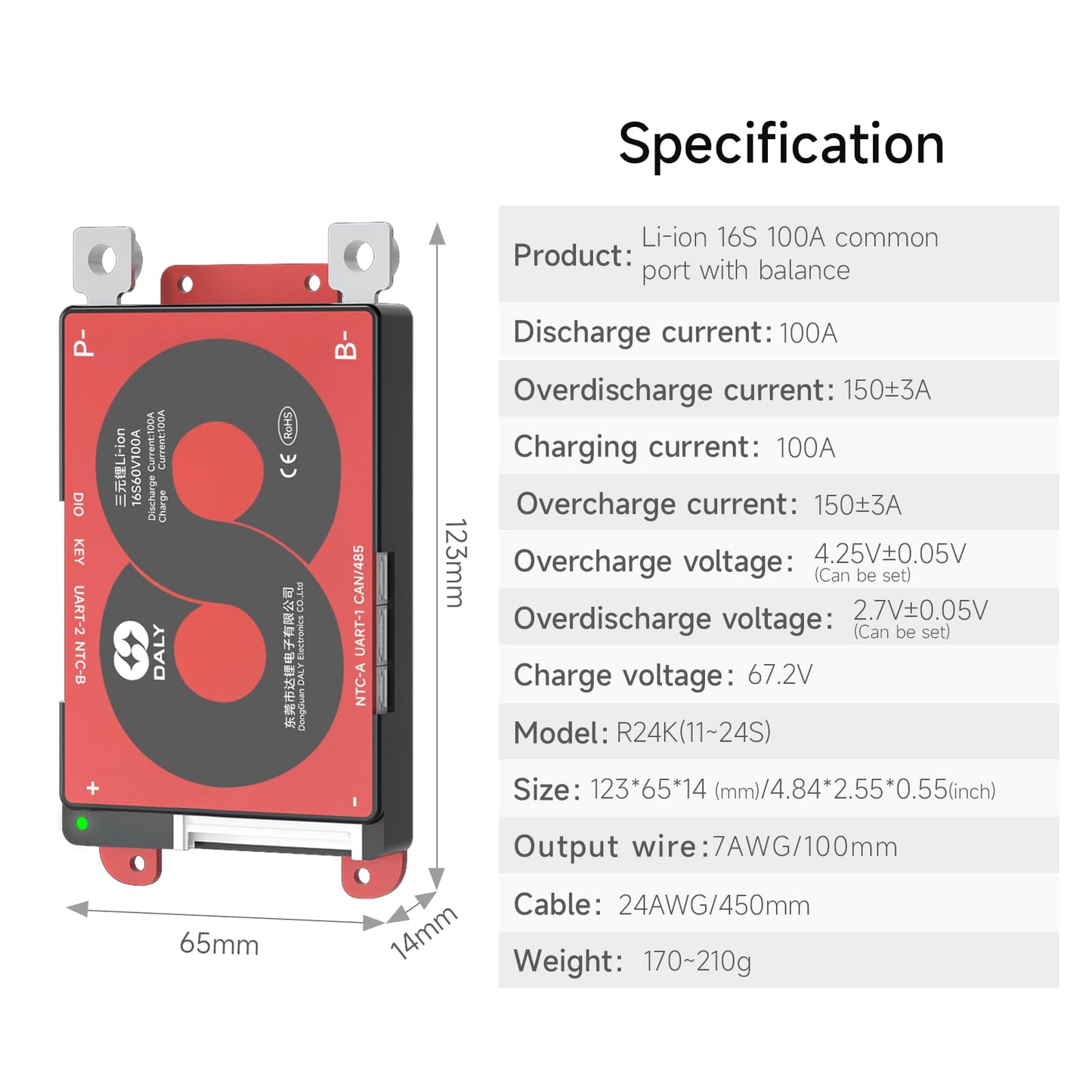 DALY Smart 16S BMS 60V 100A with WiFi Module and CAN 485 Communication Protection Board for Li-ion Lithium Battery Pack(Li-ion 16S 60V，100A)