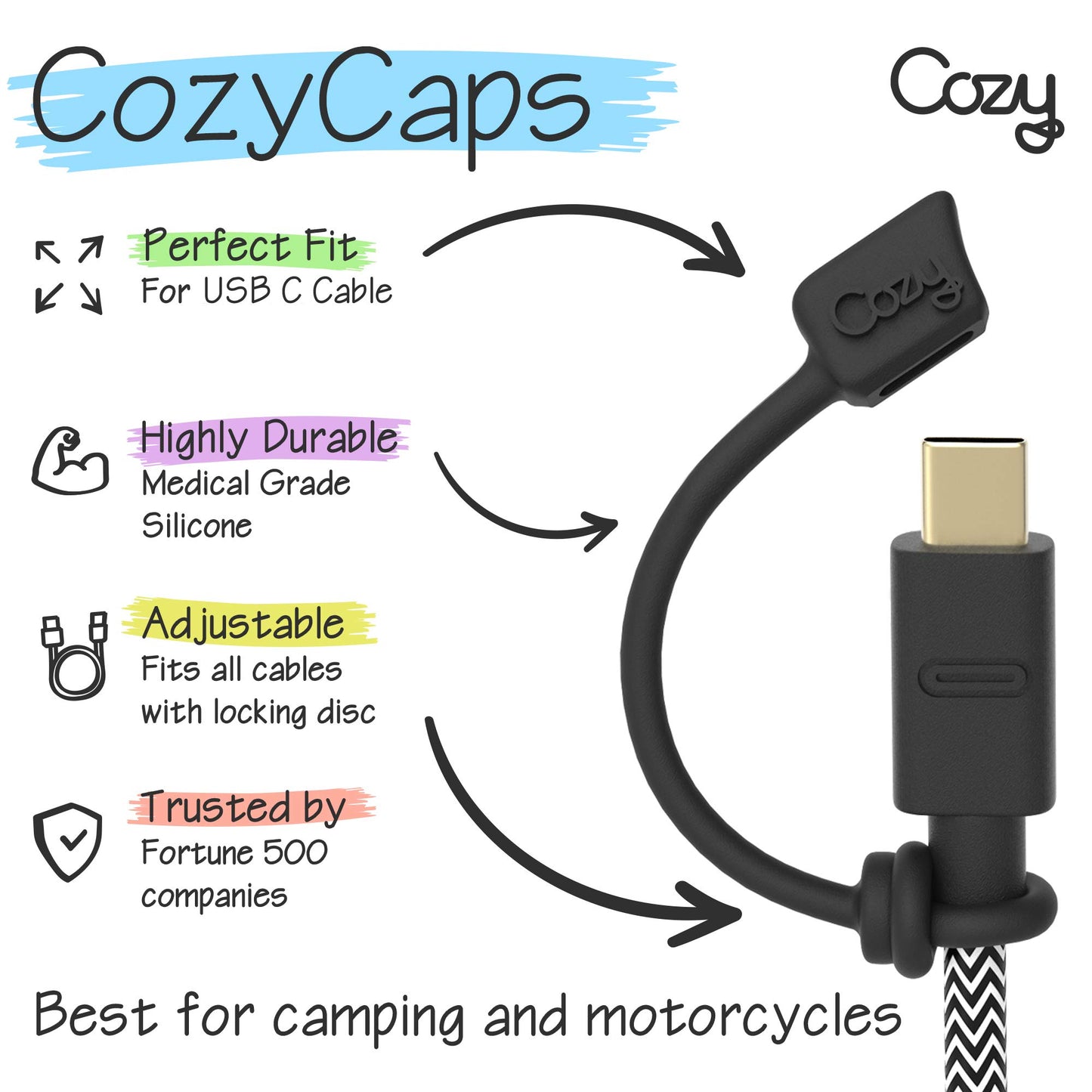 [5-Piece] Cozy USB Caps for USB C Cable - Tether/Cap Provides Dust and Oxidation Protection, Projection Adapter Cover, Protects During Travel