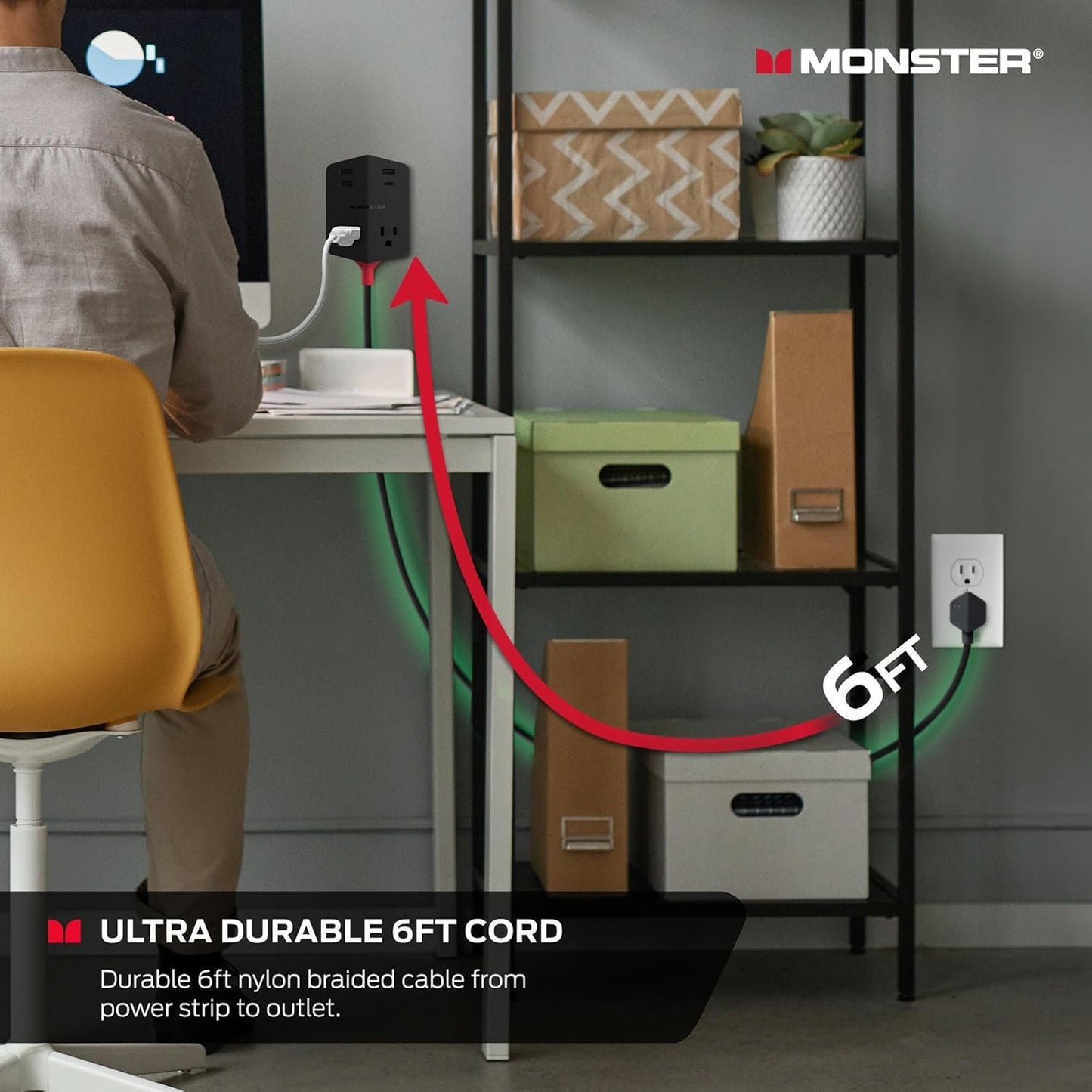 Monster Power Shield: Magnetic Wall Outlet Extender, Multiple Plug Outlet with 2 AC Outlets, 3 USB-A Ports, & 1 USB-C Port (20W)