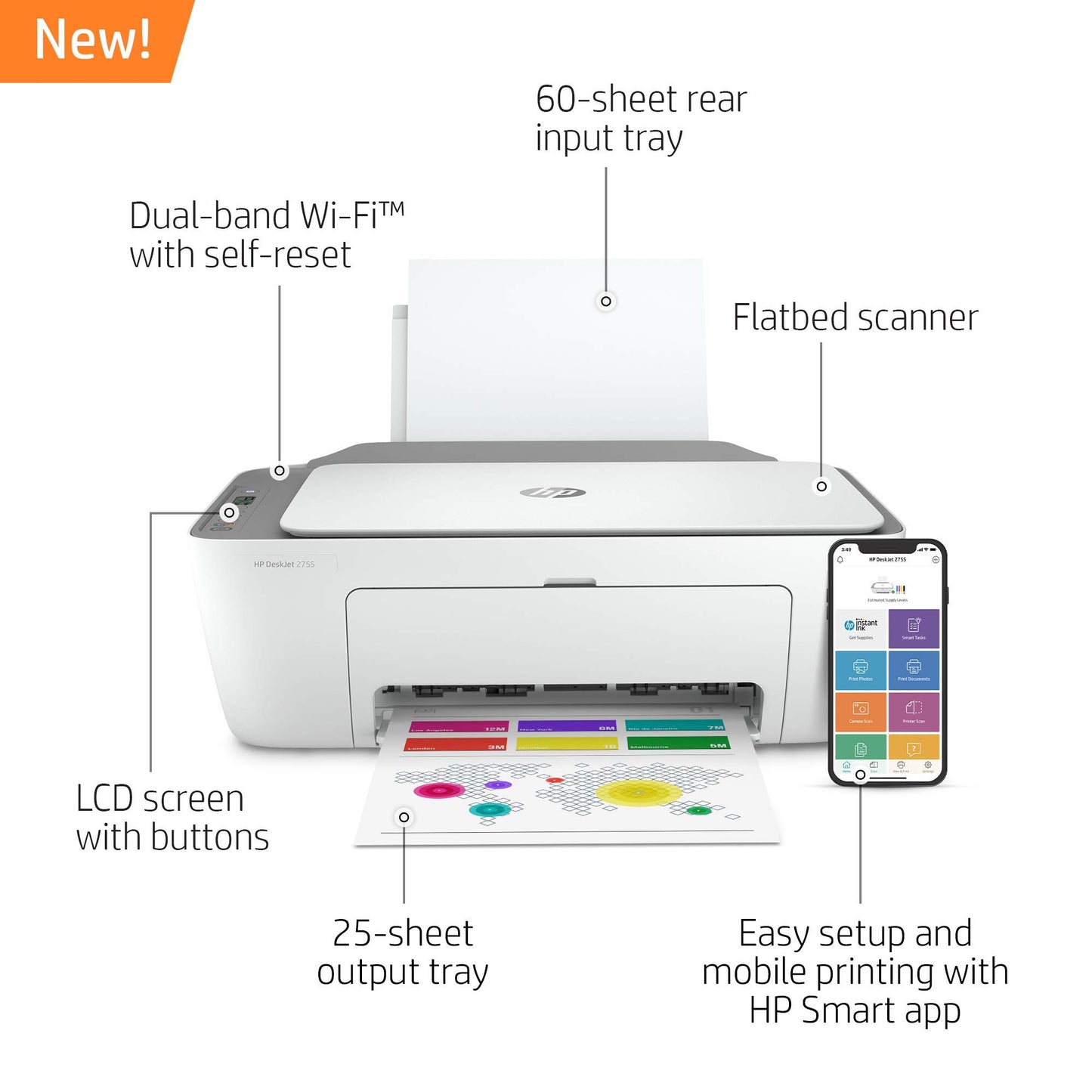 HP DeskJet 2755 All-in-One Wireless Printer Scanner Copier Instant Ink Ready Mobile Print Black 7.5ppm Color 5.5ppm Wifi Inkjet Computer Printers